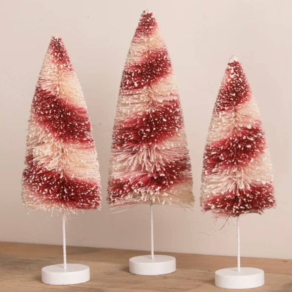 Bethany Lowe Set of 3 Candy Cane Red White Striped Bottle Brush Christmas Trees